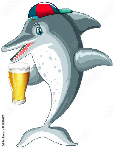 Dolphin cartoon character drinking beer
