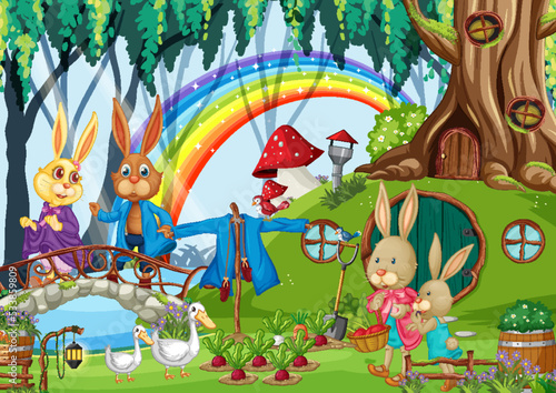 Rabbit family in fantasy forest