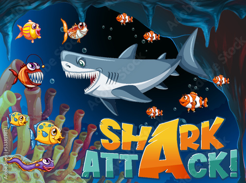 Shark attack icon with underwater sea animal