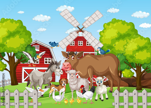 Farm scene with many animals