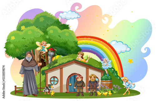 Wizard hobbit and fairies at magic house isolated