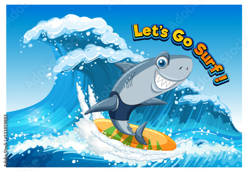 Cute shark cartoon character surfing in ocean