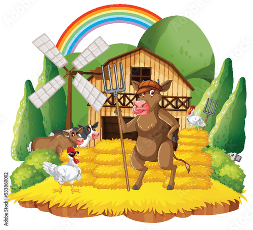 Outdoor cow farm scene with happy animals