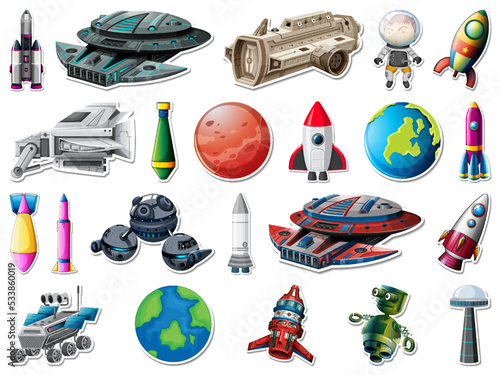 Sticker set of outer space objects and astronauts