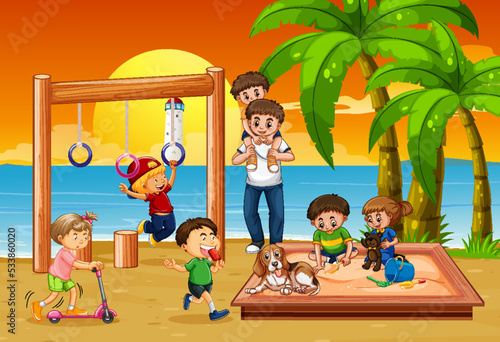 Beach playground with happy children