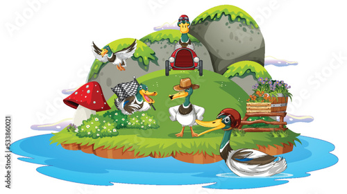 Happy duck group in nature scene