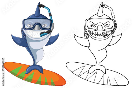 Shark cartoon character with its doodle outline surfing