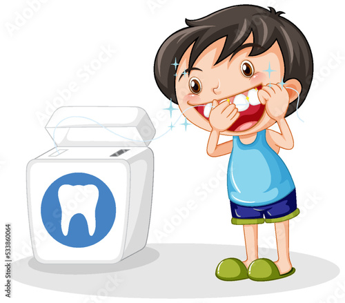 Cute boy cartoon character flossing teeth