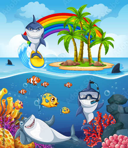 Funny shark with sea animals in the ocean
