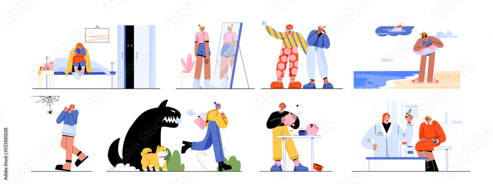 Characters with phobias arachnophobia, coulrophobia, agoraphobia, trypanophobia. Slim woman see fat reflection in mirror, girl scared of sharks in sea, people mental probnlems Line art flat vector set