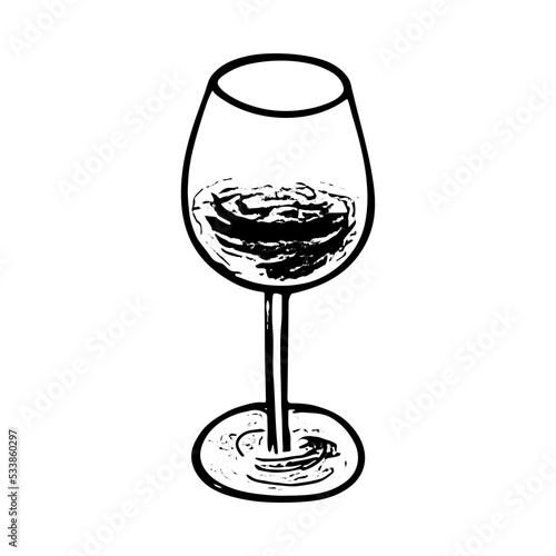 Red wine glass doodle hand drawn sketch, beverage goblet. Alcohol drink image. Isolated. Vector illustration.