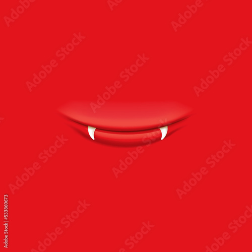 Vector Cartoon vampire mouth with fangs isolated on red background. Funny and cute blue Halloween Monster mouth with teeth and tongue
