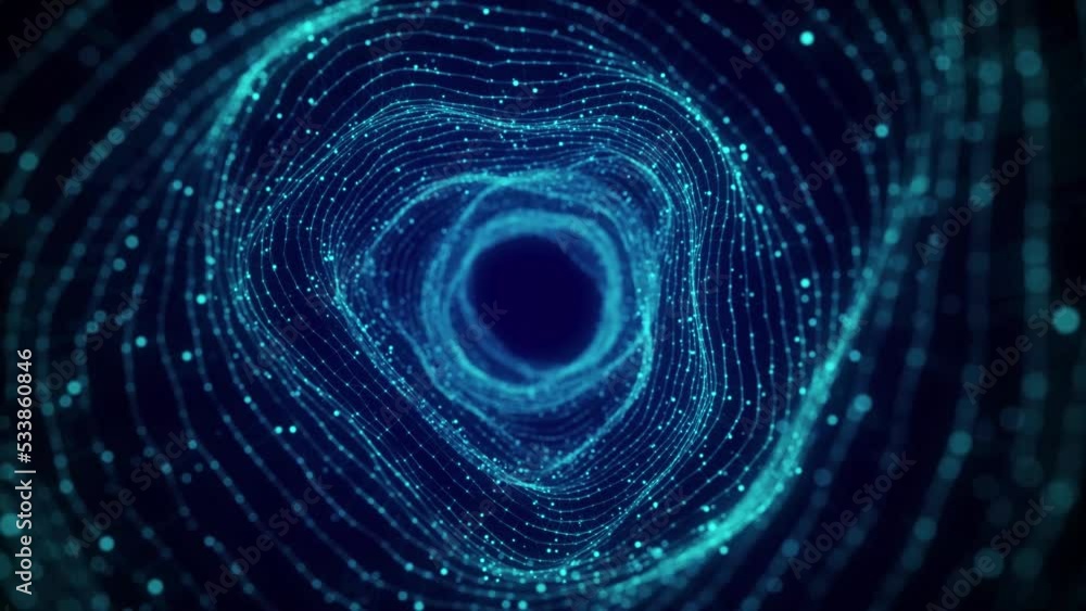 Abstract dynamic wireframe tunnel on blue background. Deep wavy ...