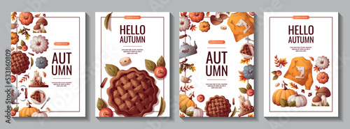 Set of autumn promo flyers with pumpkins, apple pie, sweater, kettle and autumn leaves. Autumn, harvest, holiday, fall concept. Vector illustration. Banner, flyer, advertising.
