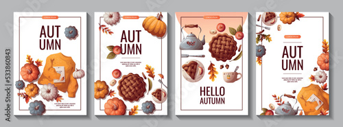 Set of autumn promo flyers with pumpkins, apple pie, sweater, kettle and autumn leaves. Autumn, harvest, holiday, fall concept. Vector illustration. Banner, flyer, advertising.