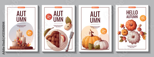 Set of autumn promo flyers with pumpkins, apple pie, candles and autumn leaves. Autumn, harvest, holiday, fall concept. Vector illustration. Banner, flyer, advertising.