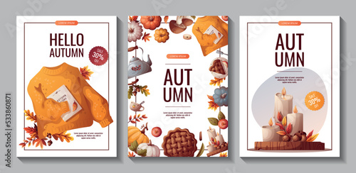 Set of autumn promo flyers with pumpkins, apple pie, sweater, kettle and autumn leaves. Autumn, harvest, holiday, fall concept. Vector illustration. Banner, flyer, advertising.