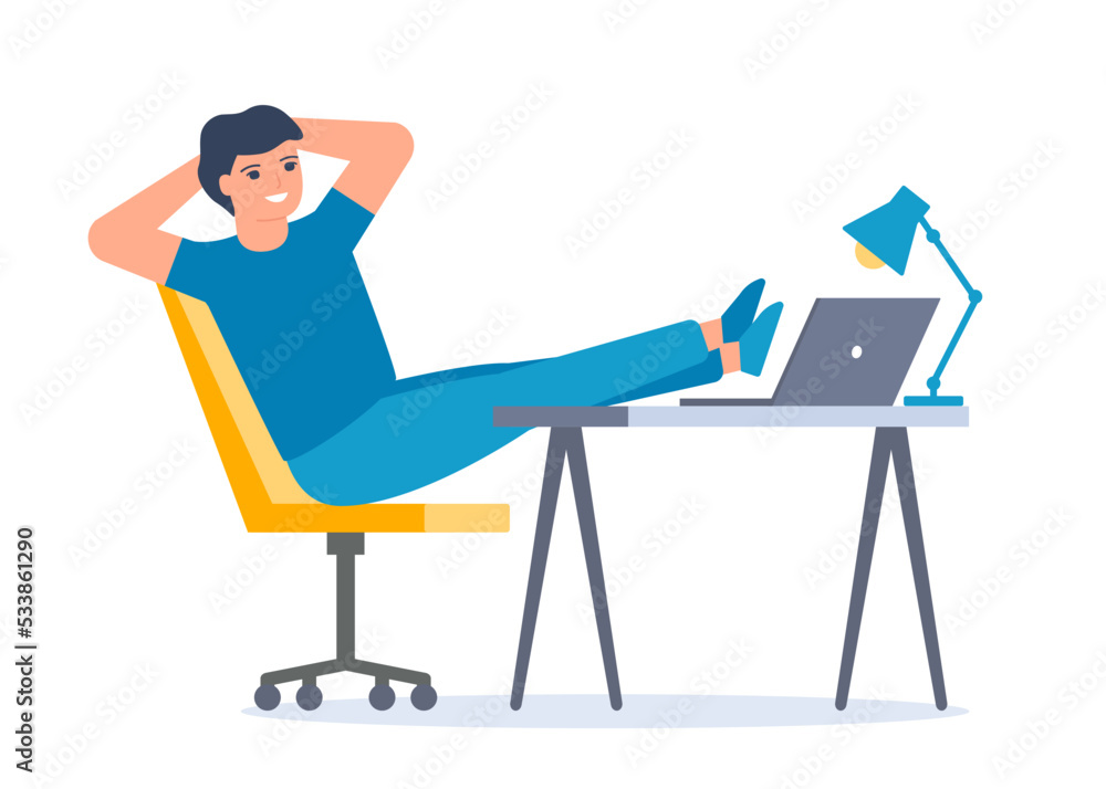 Fototapeta premium Passive work, man relax on computer. Man rest on workplace. Lazy tired person, break time. Vector illustration