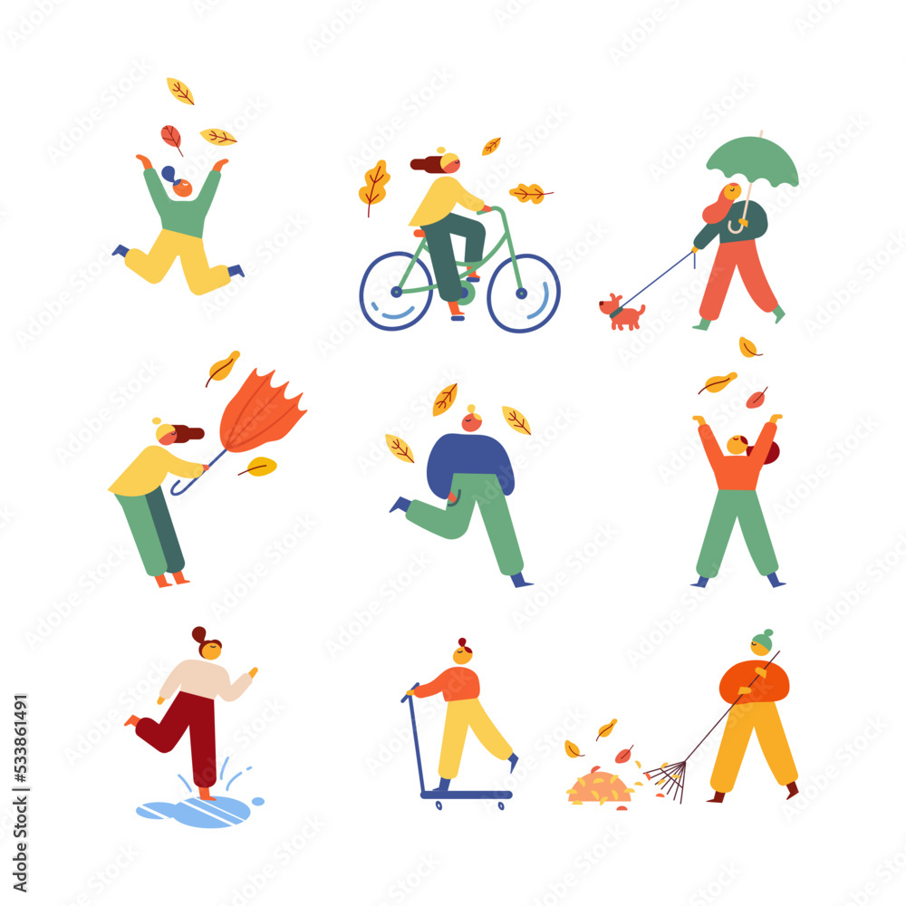Autumn, fall. Outdoor people flat vector set isolated on white Autumn, fall. Outdoor people flat vector set isolated on white