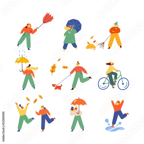 Autumn, fall. Outdoor people flat vector set isolated on white