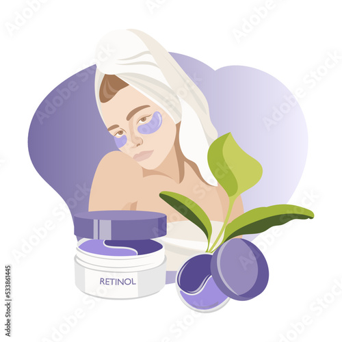 Cosmetic Retinol. Home beauty procedures, woman with retinol eye patch and white towel on her head, Skin care routine, Anti-Aging. Flat vector illustration in pastel colors.
