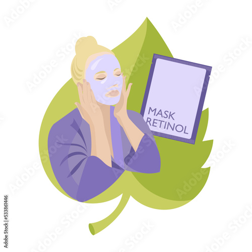 Cosmetic Retinol. Home beauty procedures, young woman with anti-aging face mask and in purple bathrobe, Sheet mask in pack, Skin care routine. Flat vector illustration.