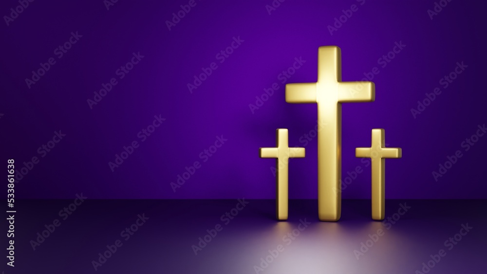 Gold Christian cross on dark background. Church cross. Minimalism concept. 3d rendering.