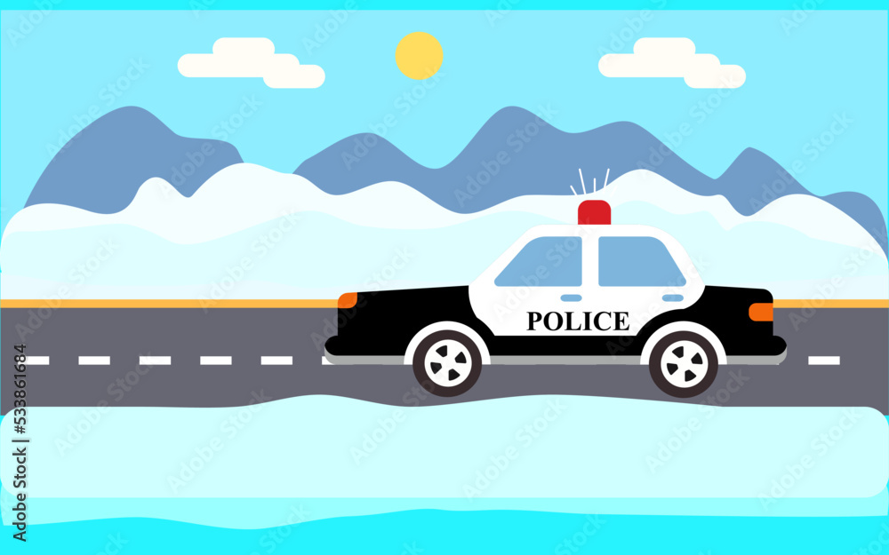 Police car on winter road banner car side view winter city view background vector illustration.