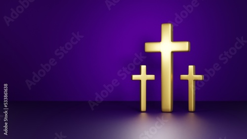 Gold Christian cross on dark background. Church cross. Minimalism concept. 3d rendering.