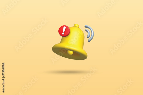 3d bell icon vector illustration design on yellow background. Notification bell is ringing with exclamation mark.