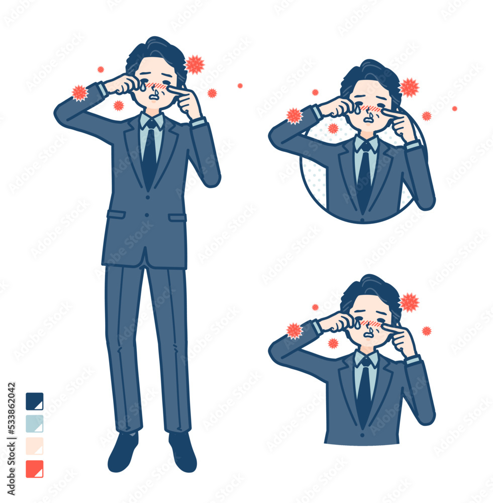 スーツのミドル男性が花粉アレルギーに苦しんでいるイラスト スーツのミドル男性が花粉アレルギーに苦しんでいるイラスト