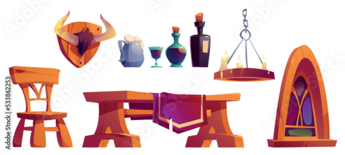 Medieval tavern furniture, wine bottles, candles and stained glass window. Ancient house, old castle room or saloon interior with wooden table, chairs, drinks, vector cartoon set