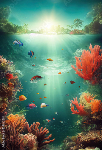 Split view of underwater scene with fishes and corals in bioluminescence  and a tropical beach with palm trees. Under the water surface and above with blue sky and palms. 3D illustration vertical.