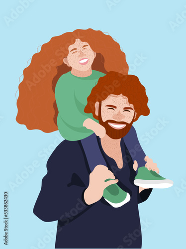 The girl sits on her father's shoulders and laughs.