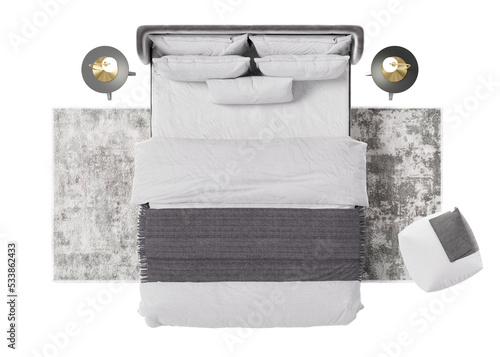 Double bed with carpet, pouf and lamps on transparent background, isolated. Top view. Gray and white bedding. Modern interior design element. Bedroom furniture. Cut out. 3D rendering.