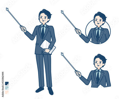 スーツのミドル男性が指示棒で解説しているイラスト