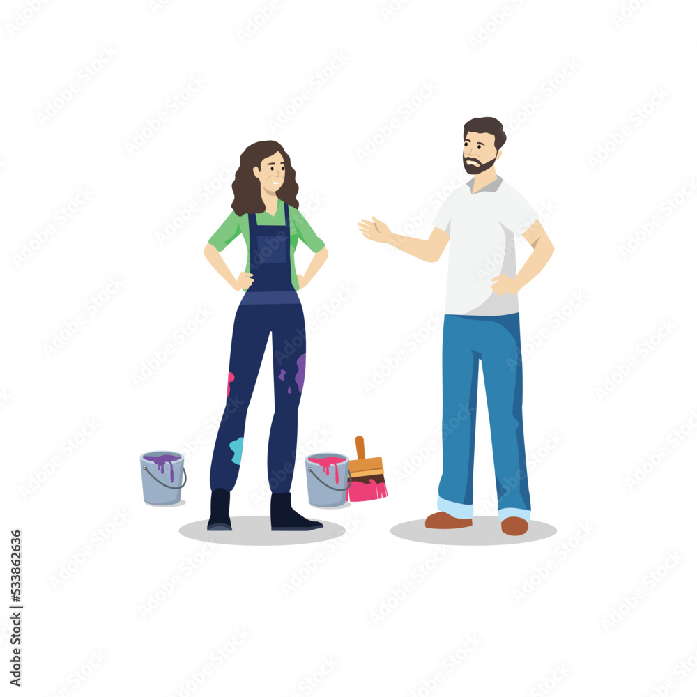 Mural artist discuss about the art concept with her client. Flat vector illustration isolated on white background Mural artist discuss about the art concept with her client. Flat vector illustration isolated on white background