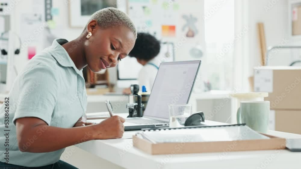 Black woman receptionist, writing notes or letter with laptop on table planning schedule, agenda memo or boss calendar. Entrepreneur, business and female brainstorming start up ideas in office. Black woman receptionist, writing notes or letter with laptop on table planning schedule, agenda memo or boss calendar. Entrepreneur, business and female brainstorming start up ideas in office.
