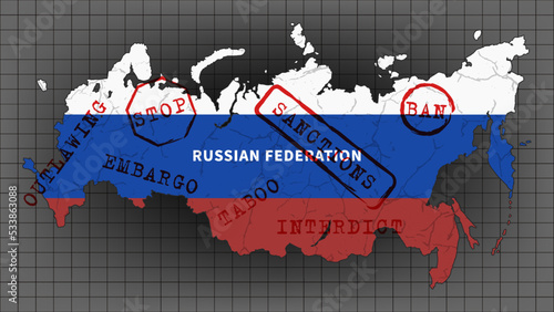 Map of the Russian Federation in the colors of the state flag on a dark checkered background with seals and inscriptions, sanctions, embargo, taboo, ban, stop and ban. Vector political economy banner