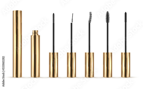 Eyelashes brushes applicator in golden tube container set realistic vector illustration
