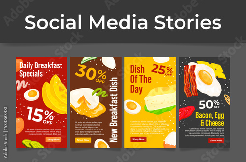 Breakfast specials new dish cafe restaurant offer sale discount social media stories set vector