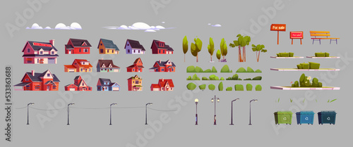 Summer city constructor set of houses, street lighting lanterns, green trees and bushes, waste container, bench, for sale signs, white clouds. Cartoon suburban town design elements vector illustration