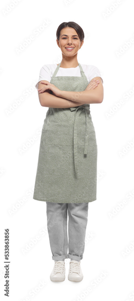 Young woman in green apron on white background Young woman in green apron on white background