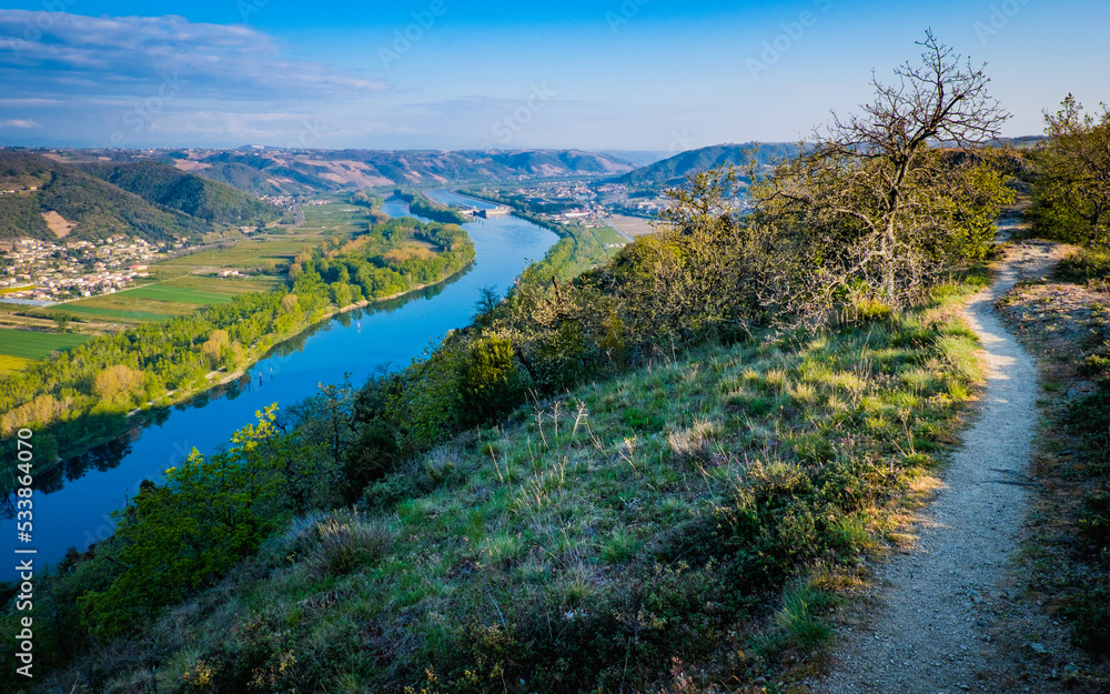View from a hiking trail on a bend of the Rhone river near Gervans in the South of France (Drome)