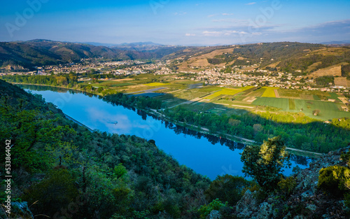 View on the Rhone river and its valley full of vineyards from the Pierre Aiguille in Tain l'hermitage (Drome, France) photo