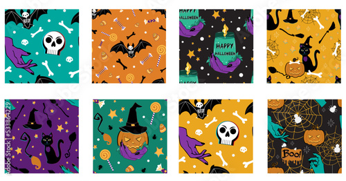 Set of Halloween seamless patterns with bat, pumpkin, broom, skulls, witch hands and hats.