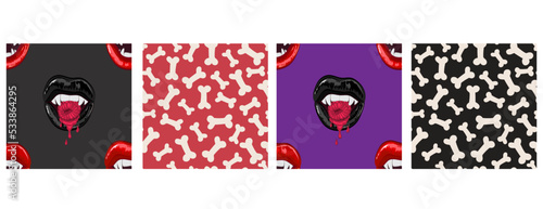  Set of Halloween repeat backgrounds with vampire lips,  blood, fangs and bones.