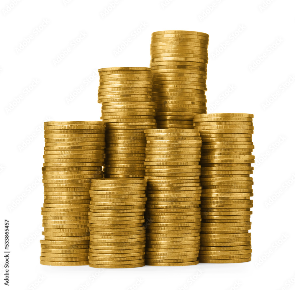 Many golden coins stacked on white background Many golden coins stacked on white background