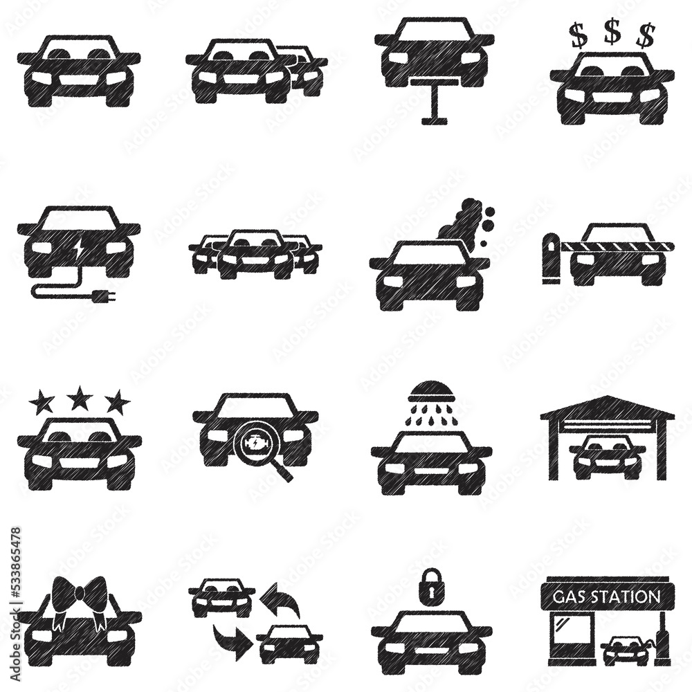 Car Icons. Black Scribble Design. Vector Illustration.