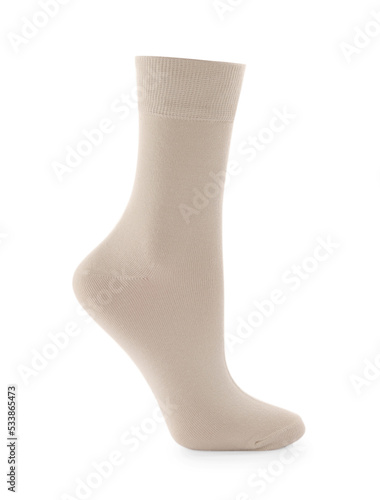 New beige sock isolated on white. Footwear accessory